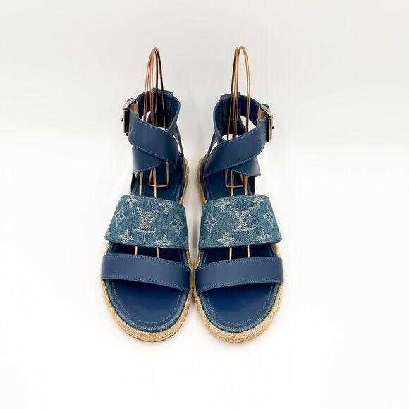 Louis Vuitton Monogram LV Denim Leather Sandals Espadrilles Flats Size 37, 7 - Picture 2 of 14